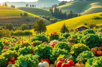 A picturesque landscape featuring a lush field of organic produce under soft, sunlight.