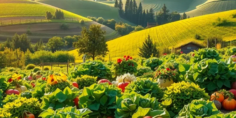 A picturesque landscape featuring a lush field of organic produce under soft, sunlight.