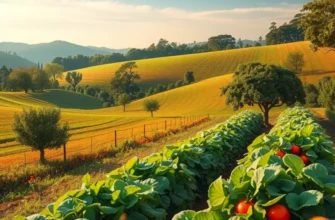 Photorealistic image of a tranquil landscape with abundant organic fruits and vegetables.