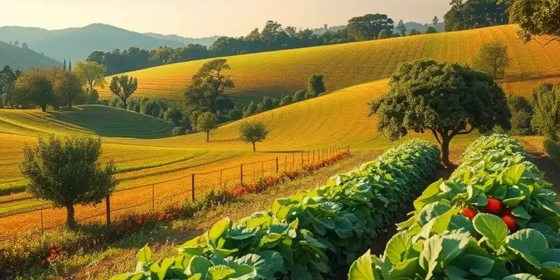 Photorealistic image of a tranquil landscape with abundant organic fruits and vegetables.