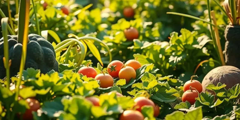 A photorealistic image showcasing a lush, sunlit landscape filled with vibrant vegetables, emphasizing community-supported agriculture.
