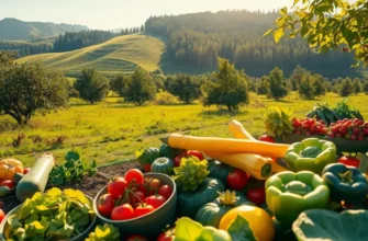 A breathtaking landscape filled with vibrant fruits and vegetables in a scenic, natural setting.