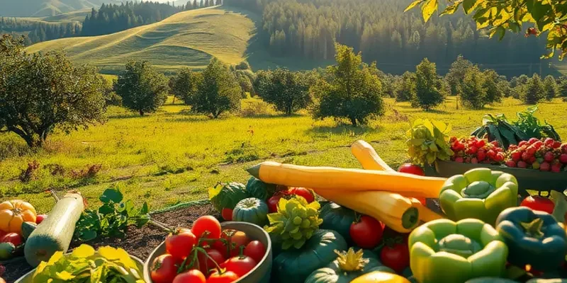 A breathtaking landscape filled with vibrant fruits and vegetables in a scenic, natural setting.