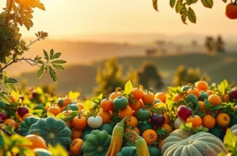A breathtaking landscape of an organic farm filled with fresh produce under soft sunlight.
