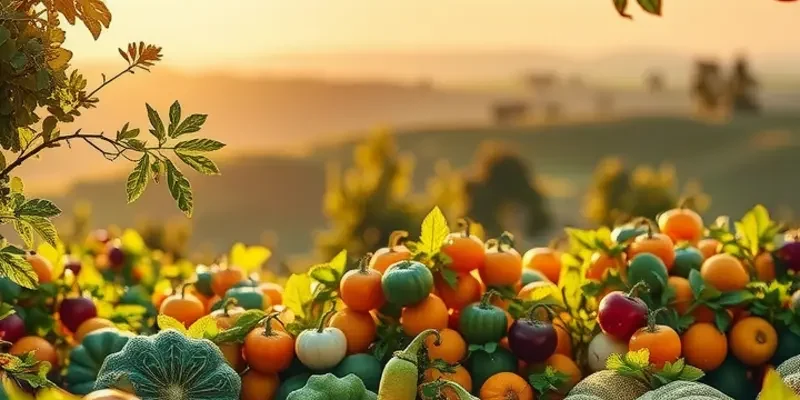 A breathtaking landscape of an organic farm filled with fresh produce under soft sunlight.
