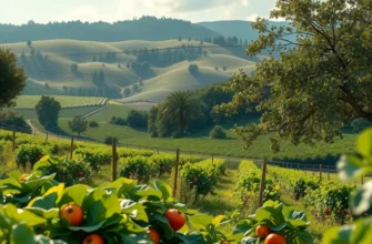 Vibrant orchard landscape with fresh produce and natural elements.