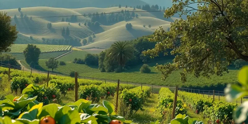 Vibrant orchard landscape with fresh produce and natural elements.