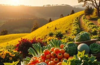 A sun-soaked field with an array of fruits and vegetables signifying a healthy diet.