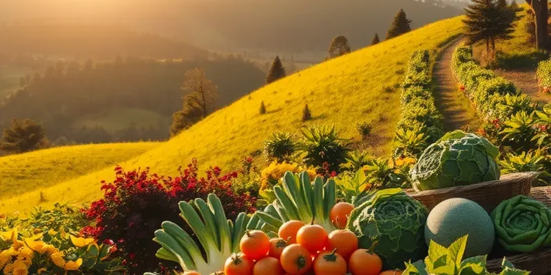 A sun-soaked field with an array of fruits and vegetables signifying a healthy diet.