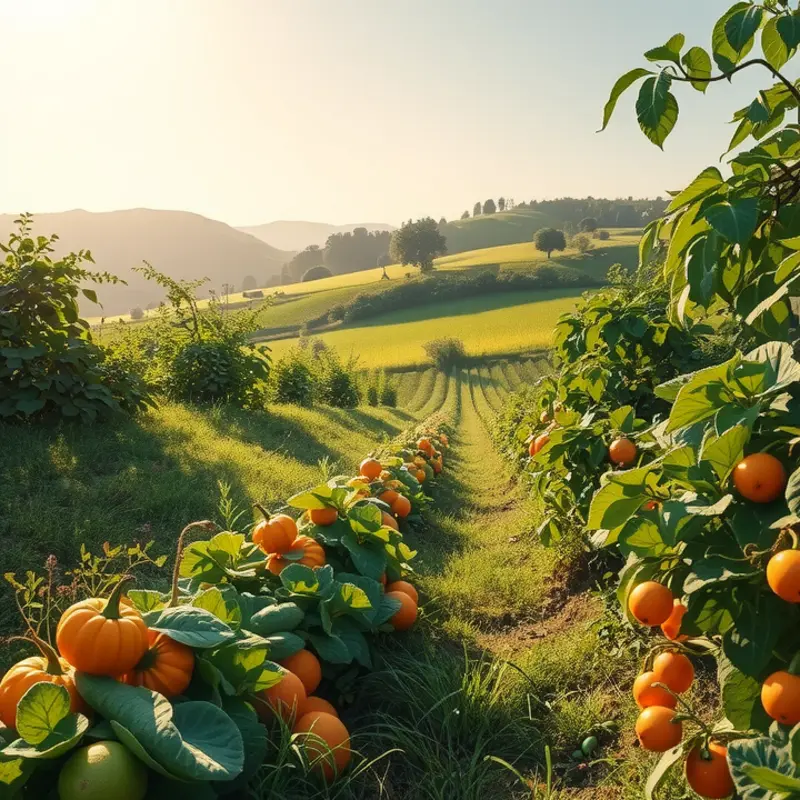 A sunlit orchard filled with vibrant vegetables and fruits represents the benefits of plant foods.