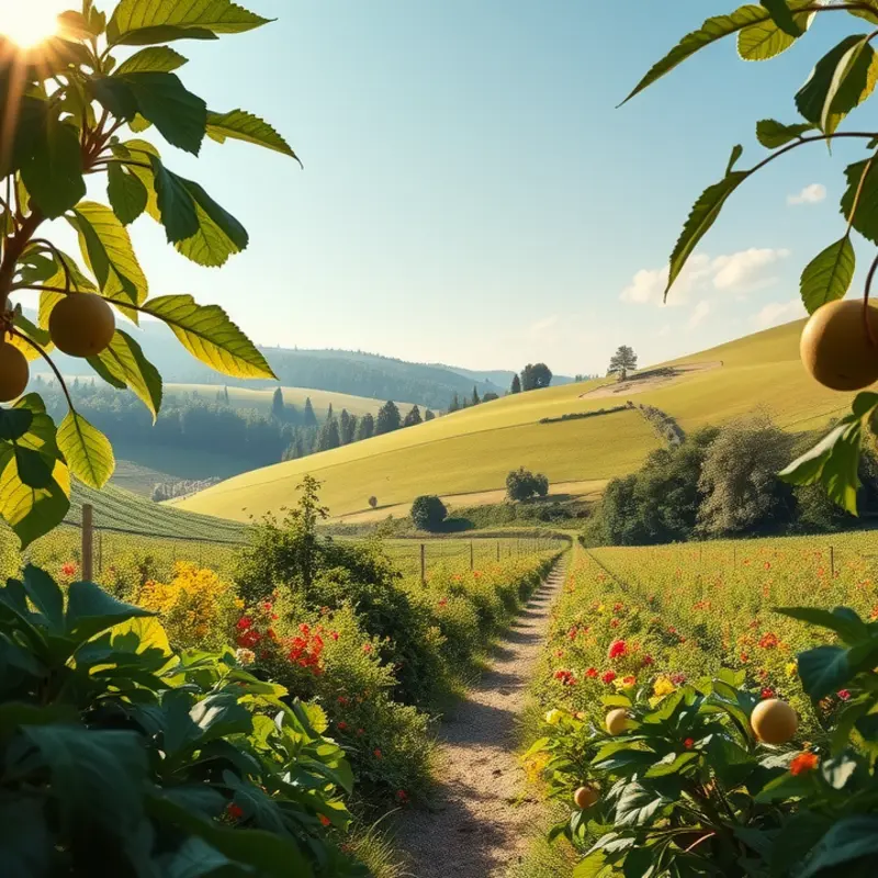 Vibrant fruits and vegetables in a sunlit orchard, symbolizing nature’s abundance.