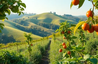 A beautiful landscape of a sunlit orchard filled with organic fruits and vegetables, reflecting healthy nutrition.
