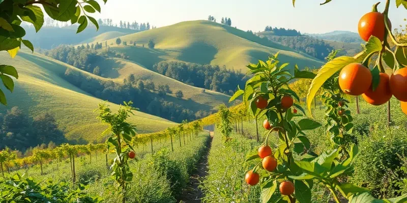 A beautiful landscape of a sunlit orchard filled with organic fruits and vegetables, reflecting healthy nutrition.