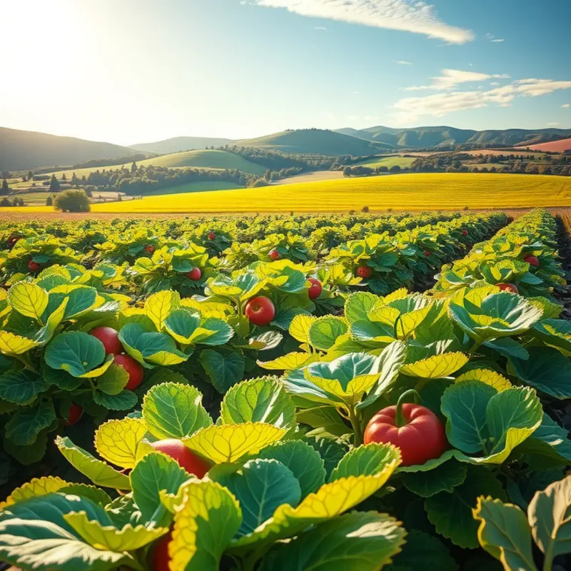 A sunlit field filled with vibrant fruits and vegetables, epitomizing freshness.