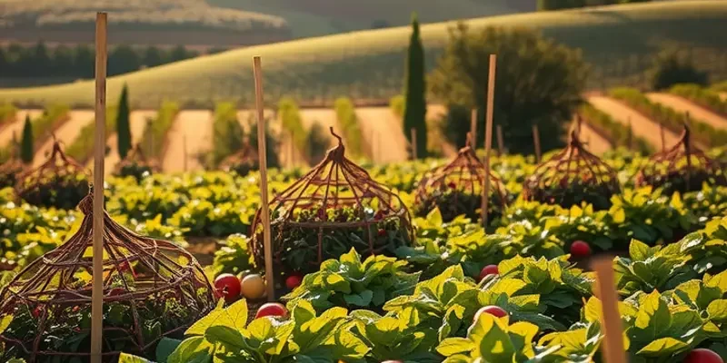 A peaceful orchard showcasing bright organic produce in a natural environment, set to emphasize freshness.
