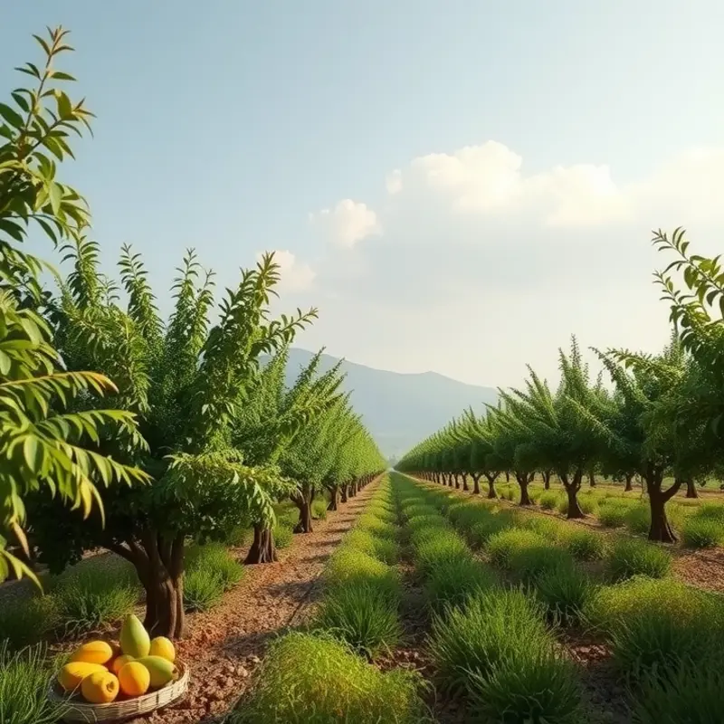 Orchard filled with almond and coconut trees under warm sunlight.