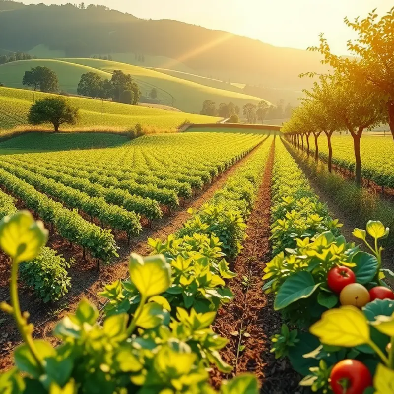 A sunlit field showcasing an abundance of vibrant fruits and vegetables.