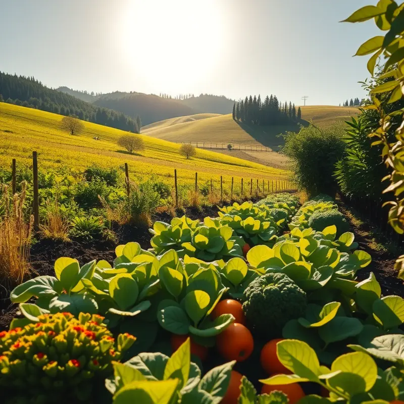 A vibrant sunlit field of nutrient-dense foods.