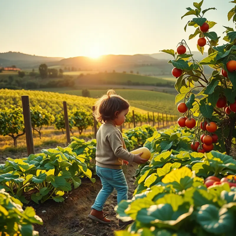 A vibrant sunlit field showcasing organic vegetables and fruits.