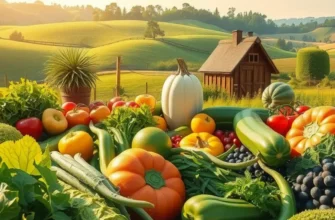A lush green landscape filled with an abundance of organic vegetables and fruits, representing a healthy diet.