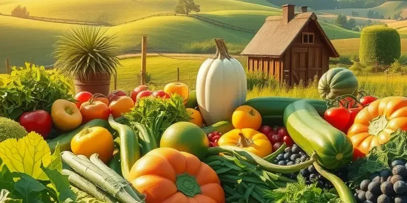 A lush green landscape filled with an abundance of organic vegetables and fruits, representing a healthy diet.