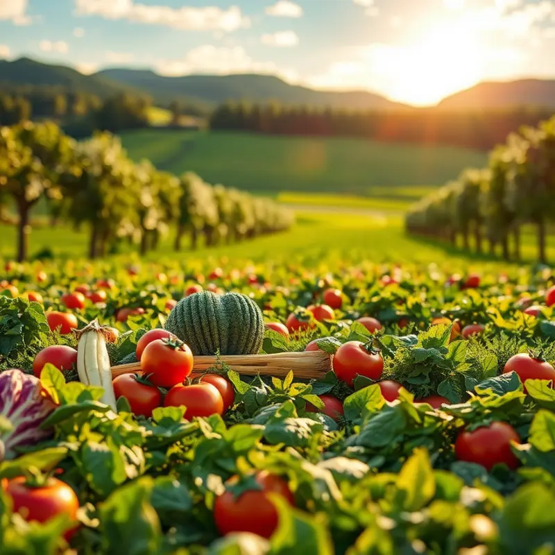 A vibrant sunlit orchard bursting with organic fruits and vegetables.