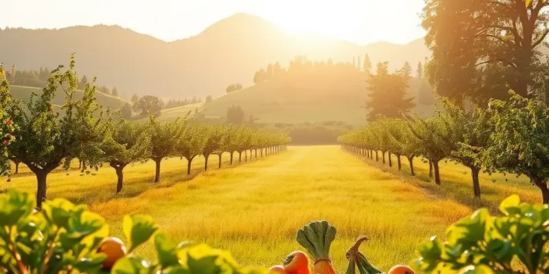 Photorealistic landscape highlighting an orchard with various fruits and vegetables, emphasizing healthy nutrition.