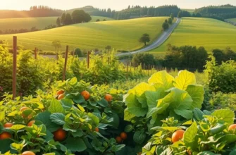 A lush, sunlit landscape showcasing an orchard filled with healthy produce, symbolizing nutrition's role in brain health.