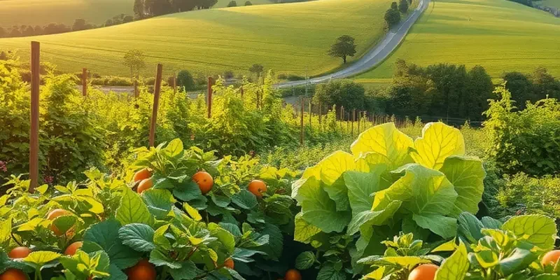 A lush, sunlit landscape showcasing an orchard filled with healthy produce, symbolizing nutrition's role in brain health.