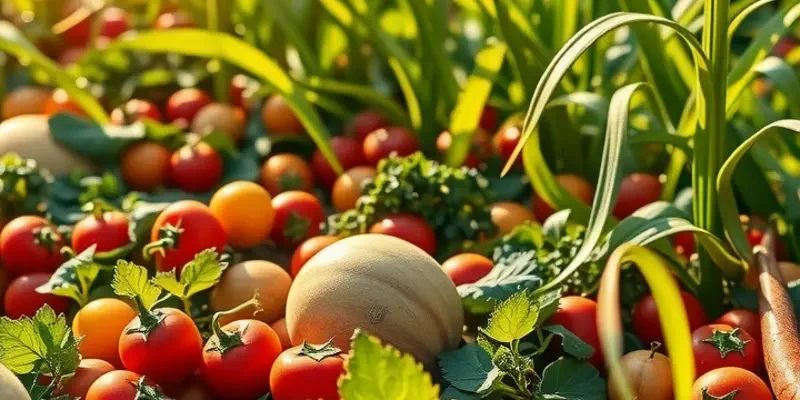 Beautifully captured landscape showcasing vibrant fruits and vegetables among natural greenery.