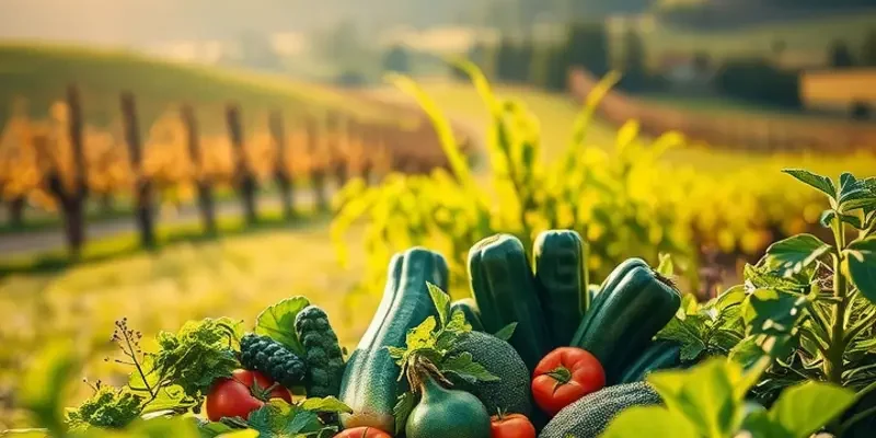 A serene landscape showing lush fruits and vegetables in a natural setting, reflecting the theme of nutrition.