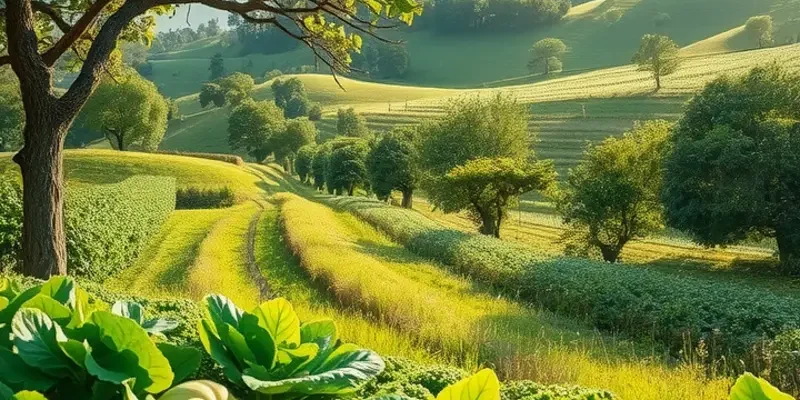 A serene landscape with a field of healthy crops, symbolizing the importance of nutrition for boosting immunity.