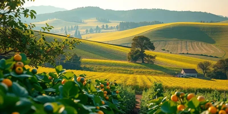 A beautiful natural landscape showcasing colorful fruits and vegetables, promoting health and nutrition.