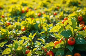 A vibrant field of vegetables and fruits growing naturally in a sunlit environment, representing healthy nutrition.