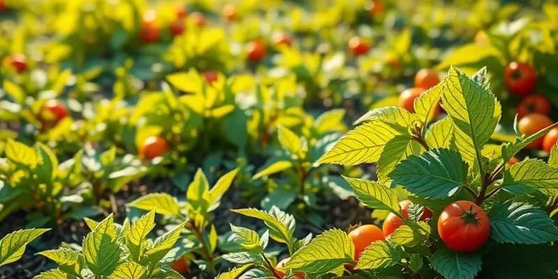 A vibrant field of vegetables and fruits growing naturally in a sunlit environment, representing healthy nutrition.