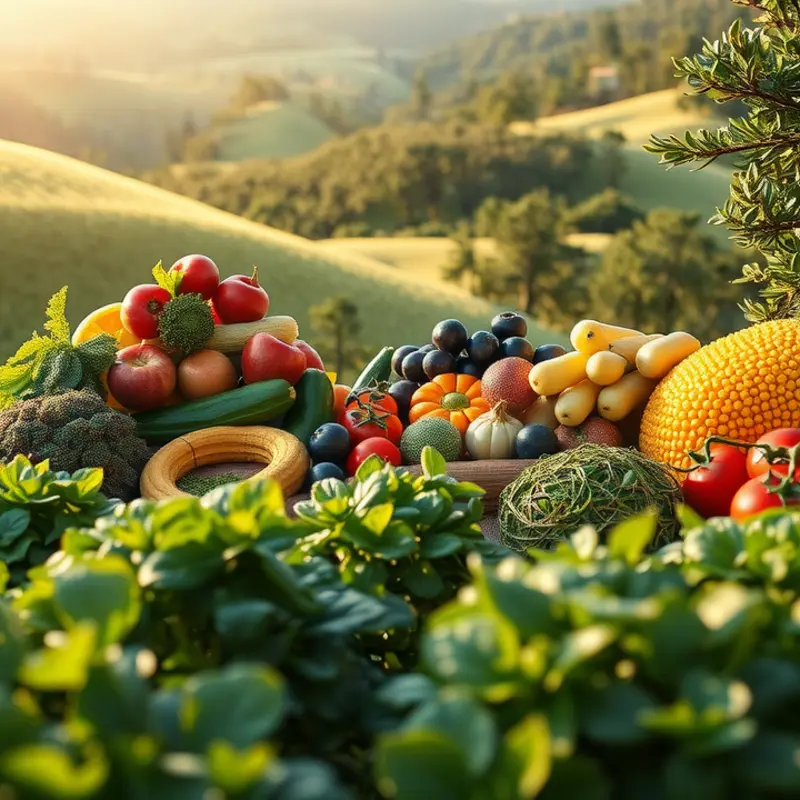 A sunlit orchard showcasing vibrant fruits and vegetables, symbolizing the abundance of healthy nutrition.