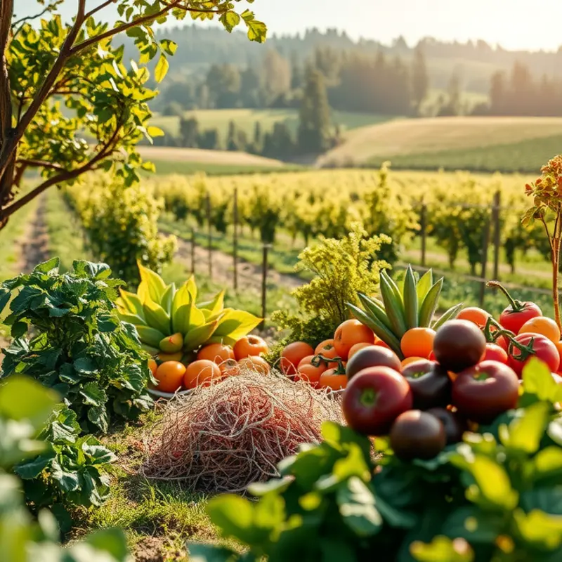 A sunlit field abundant with fresh vegetables and fruits, representing healthy nutrition.