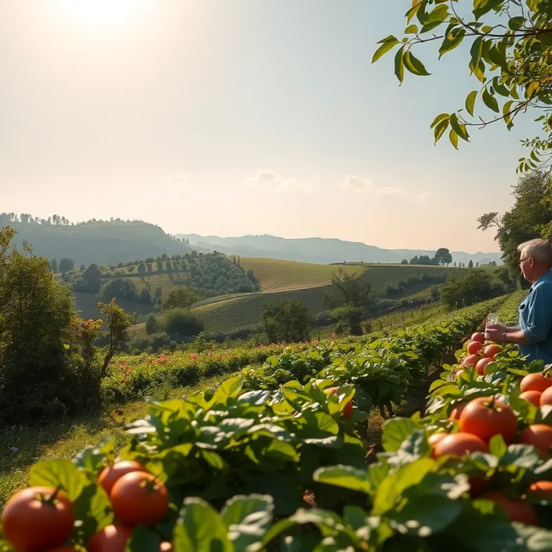 A sunlit field showcasing fresh vegetables and fruits.