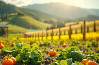 A picturesque view of a sunlit field filled with organic vegetables and fruits under soft lighting.