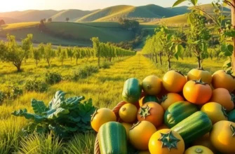 A beautiful landscape depicting a lush field of vibrant fruits and vegetables, emphasizing healthy nutrition.