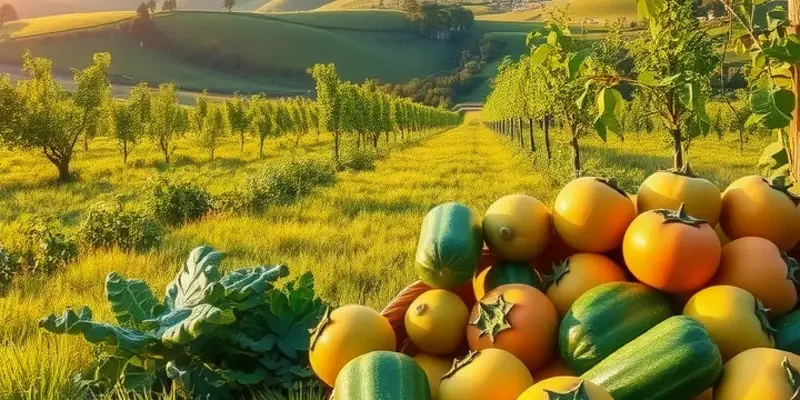 A beautiful landscape depicting a lush field of vibrant fruits and vegetables, emphasizing healthy nutrition.
