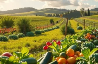 A scenic view of vibrant fruits and vegetables flourishing in a natural, sunlit environment.