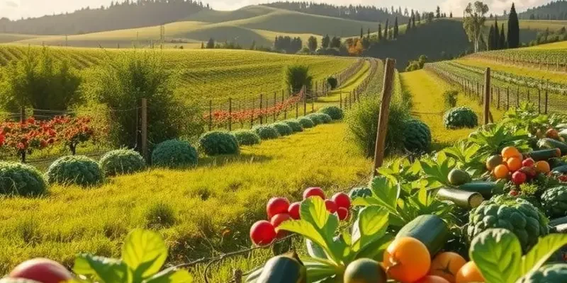 A scenic view of vibrant fruits and vegetables flourishing in a natural, sunlit environment.