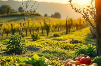 A beautiful landscape filled with fresh organic produce under soft, warm light.