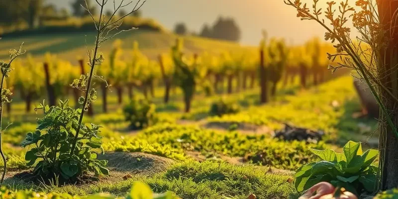 A beautiful landscape filled with fresh organic produce under soft, warm light.