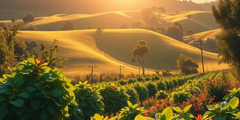 A photorealistic scenic landscape featuring lush vegetation and thriving fruits and vegetables.