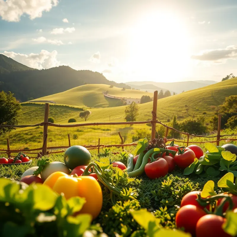 A serene landscape featuring abundant fresh fruits and vegetables in a natural setting.