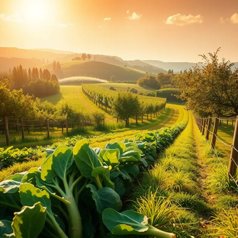 A thriving field of fruits and vegetables representing the essential food groups.