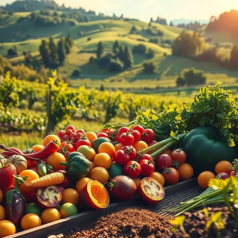 A vibrant sunlit field showcasing fresh fruits and vegetables, emphasizing healthy nutrition.