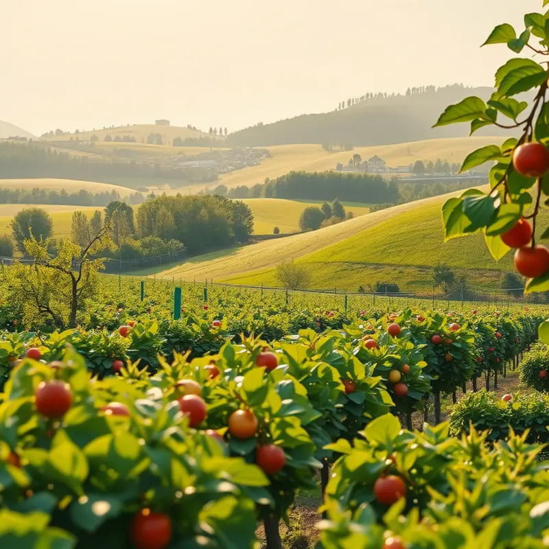 A sunlit orchard filled with vibrant fruits and vegetables, symbolizing the abundance of healthy nutrition.